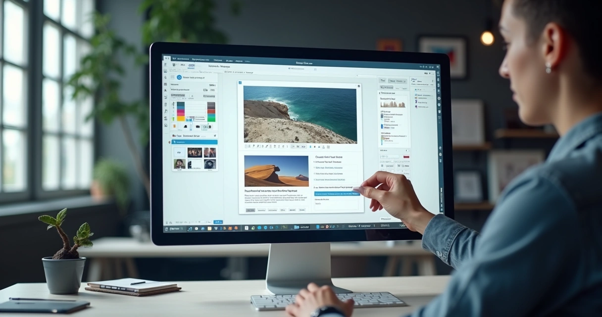 Pessoa usando construtor de site com editor visual arrasta e solta