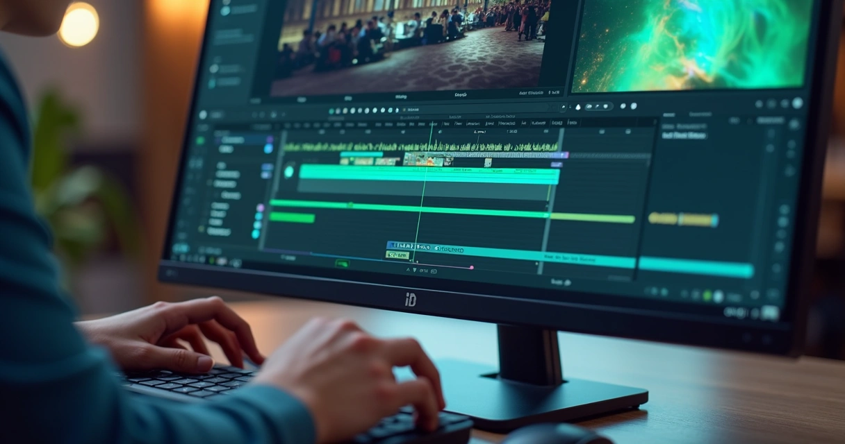 Processo de edição automatizada com IA na tela do computador e mãos do editor ajustando detalhes