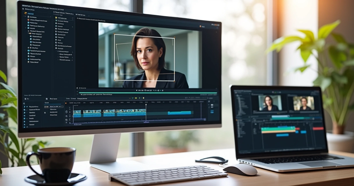 Interface de um editor de vídeo com painel de cortes e Face Tracking ativo 