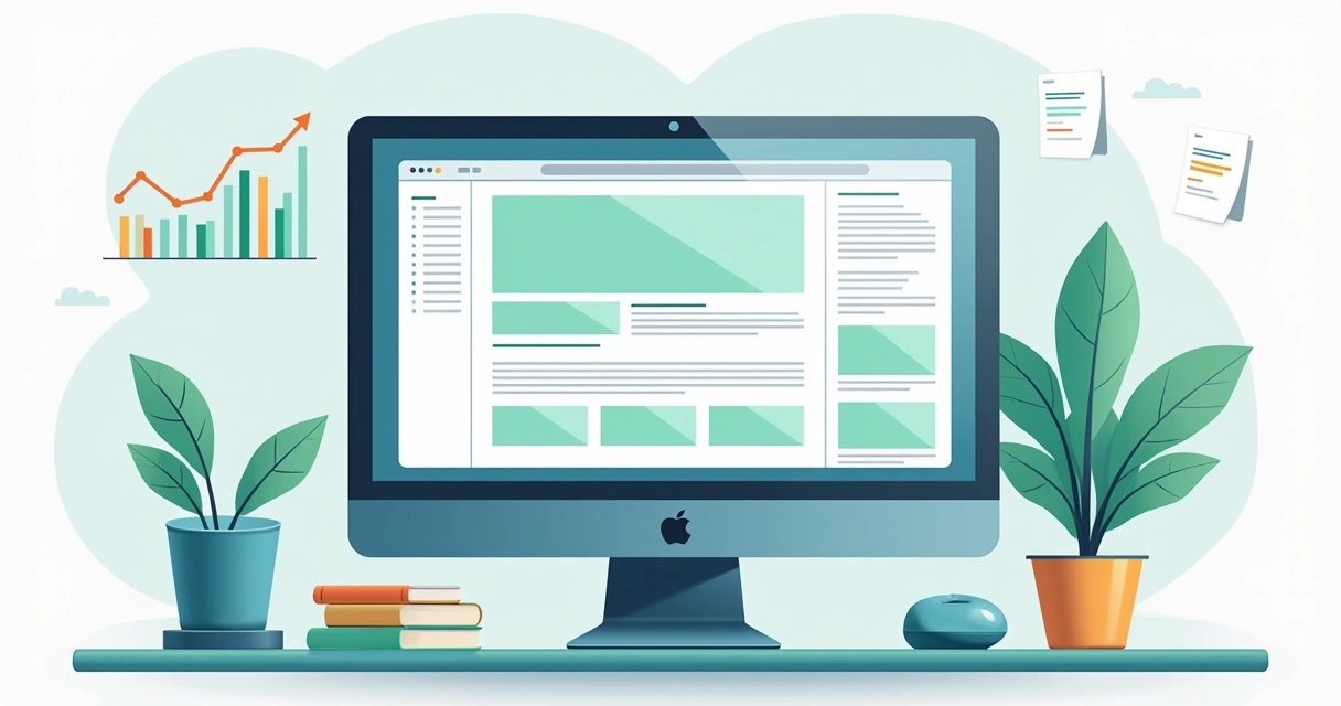 Editor visual de landing page com gráficos e blocos de conteúdo 