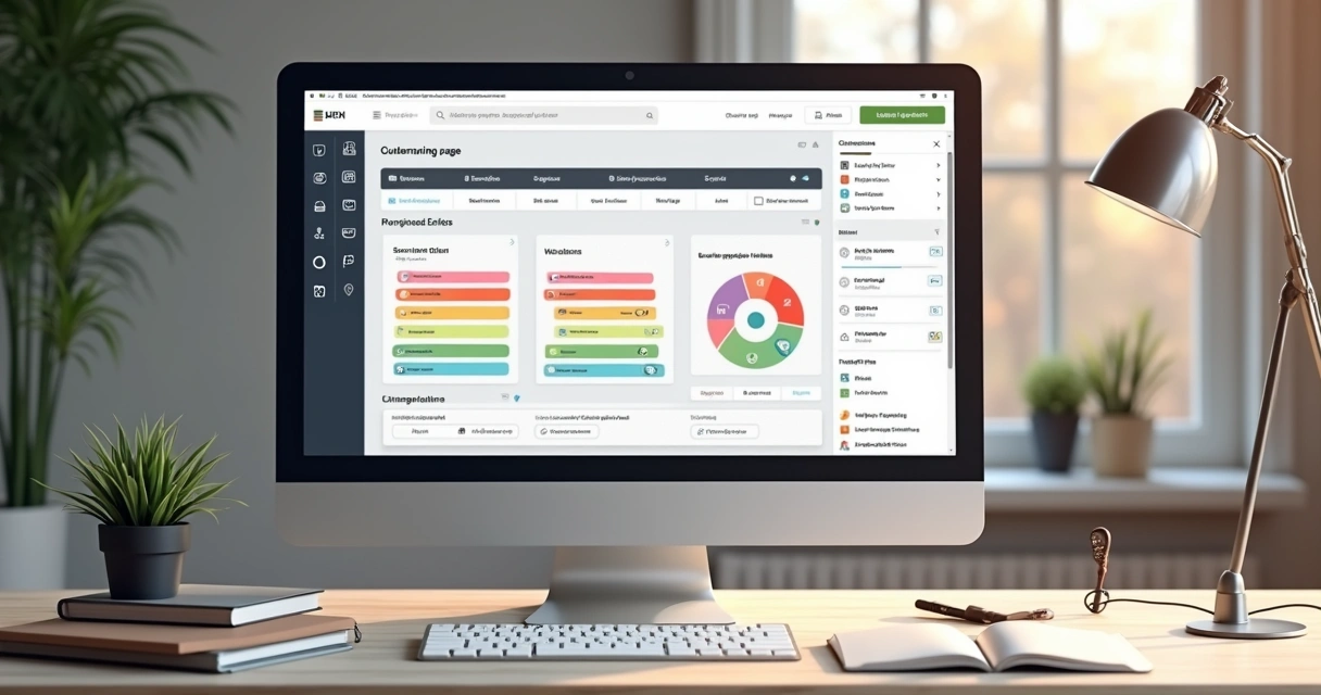 Editor visual de landing page com blocos, templates e opções de customização na tela 