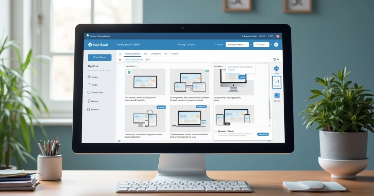 Editor drag-and-drop de landing pages com template aberto, mostrando áreas de edição de texto, personalização e visualização em tempo real 