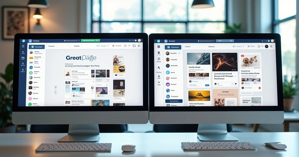Editor de landing page com interface visual completa, mostra recursos de arrastar e soltar, opções de templates e painel lateral de customização 