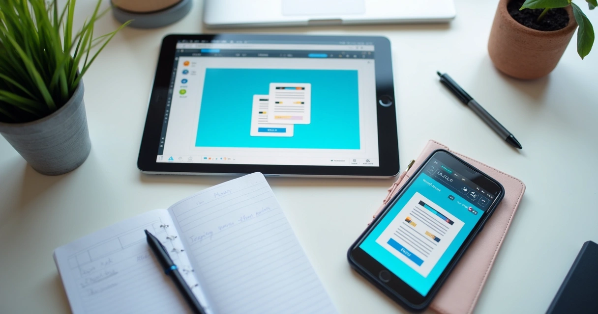 Pessoa editando site mobile em um smartphone e notebook 