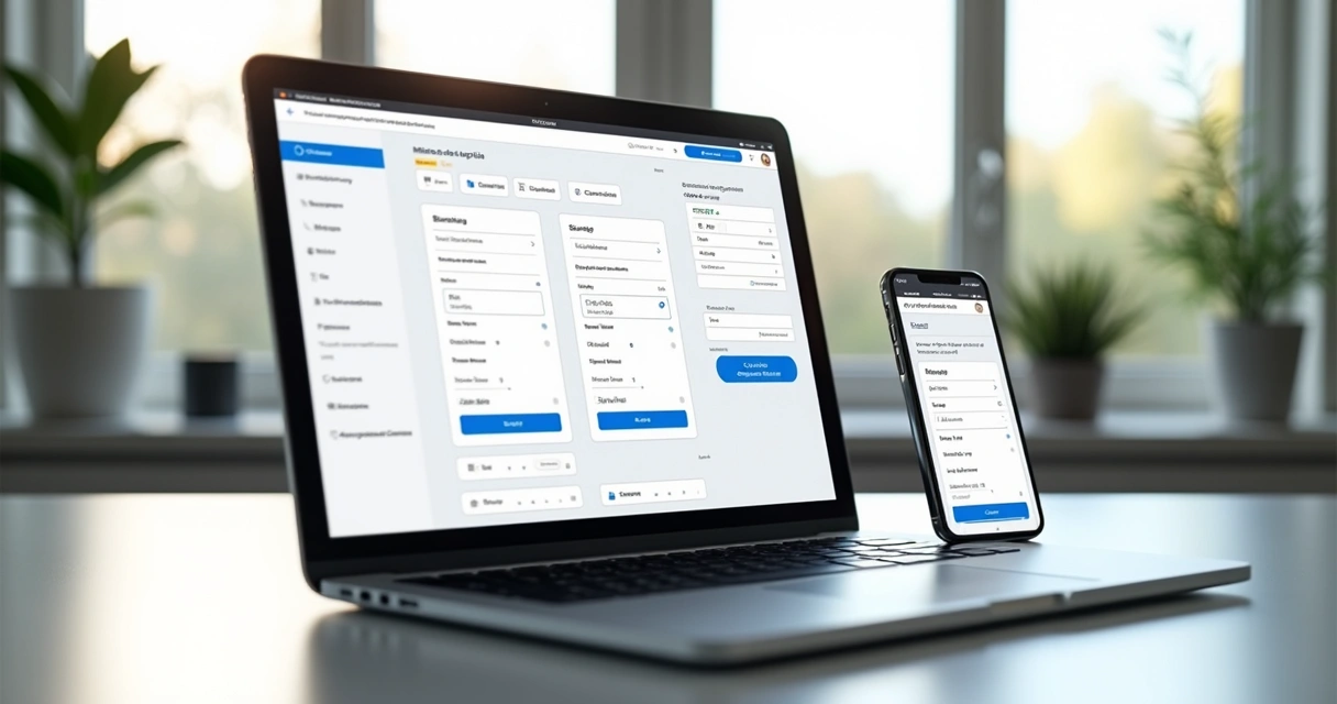 Editor visual de site aberto no notebook e no celular 