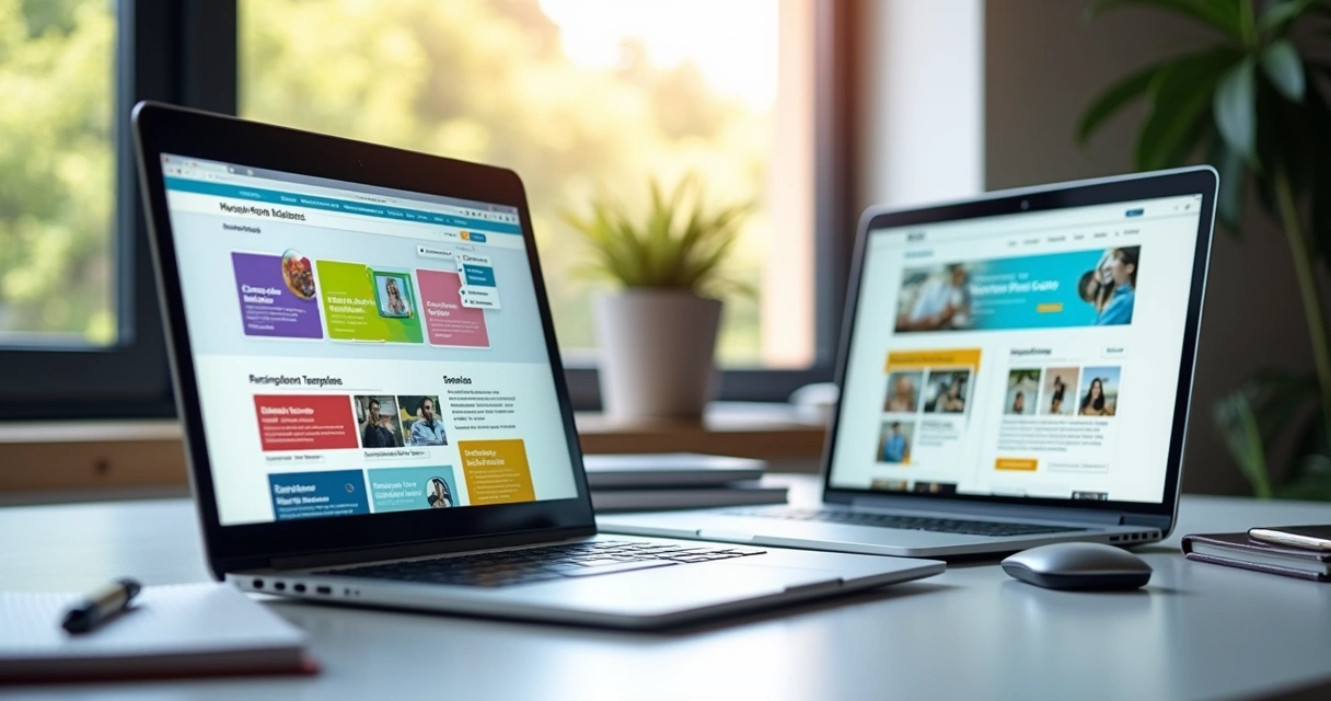 Painéis de criação de sites lado a lado em notebooks