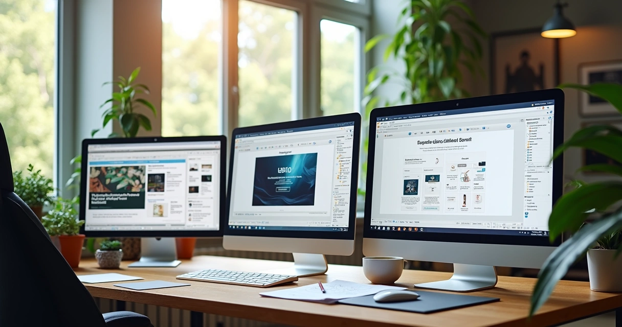 Tela de computador mostrando diferentes editores de site lado a lado 