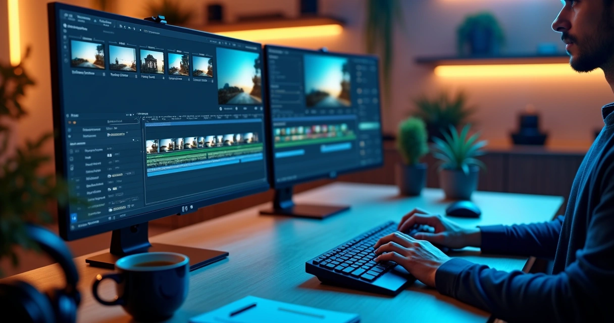 Editor trabalhando em computador com tela mostrando cortes automáticos de vídeo 