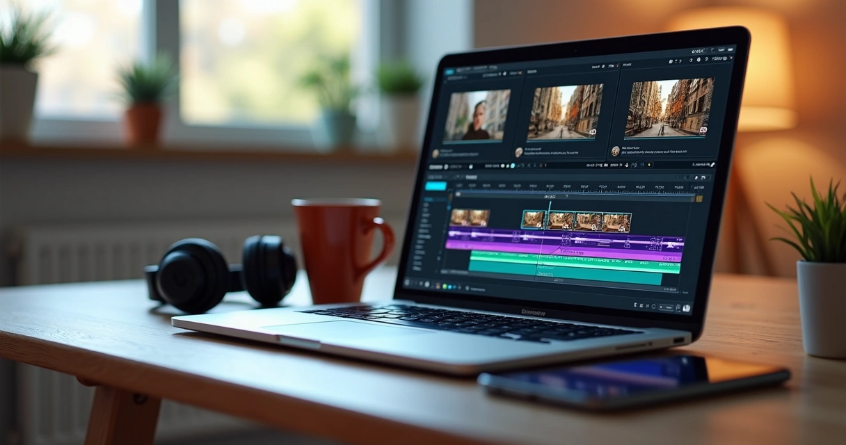 Interface de editor de vídeo em tela de laptop e smartphone