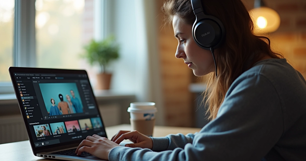 Editor de vídeo trabalhando em notebook em ambiente doméstico