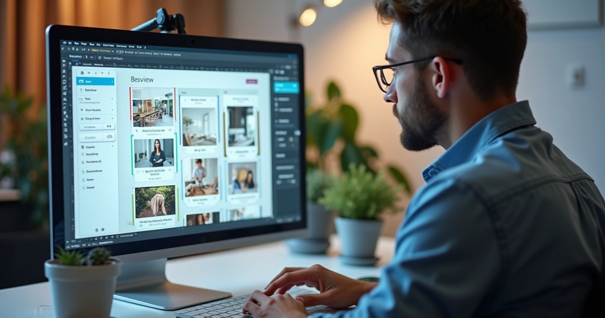Editor visual de site com elementos arrastáveis e template customizável