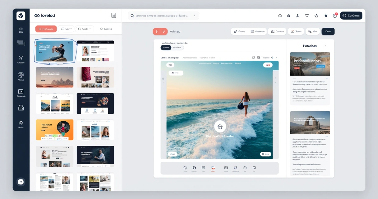 Interface do editor visual do GreatPages com templates profissionais 