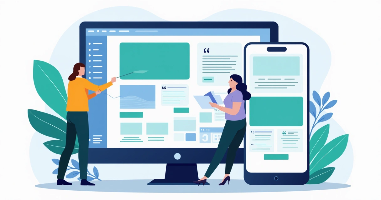 Editor visual com blocos personalizáveis em tela de computador e smartphone 