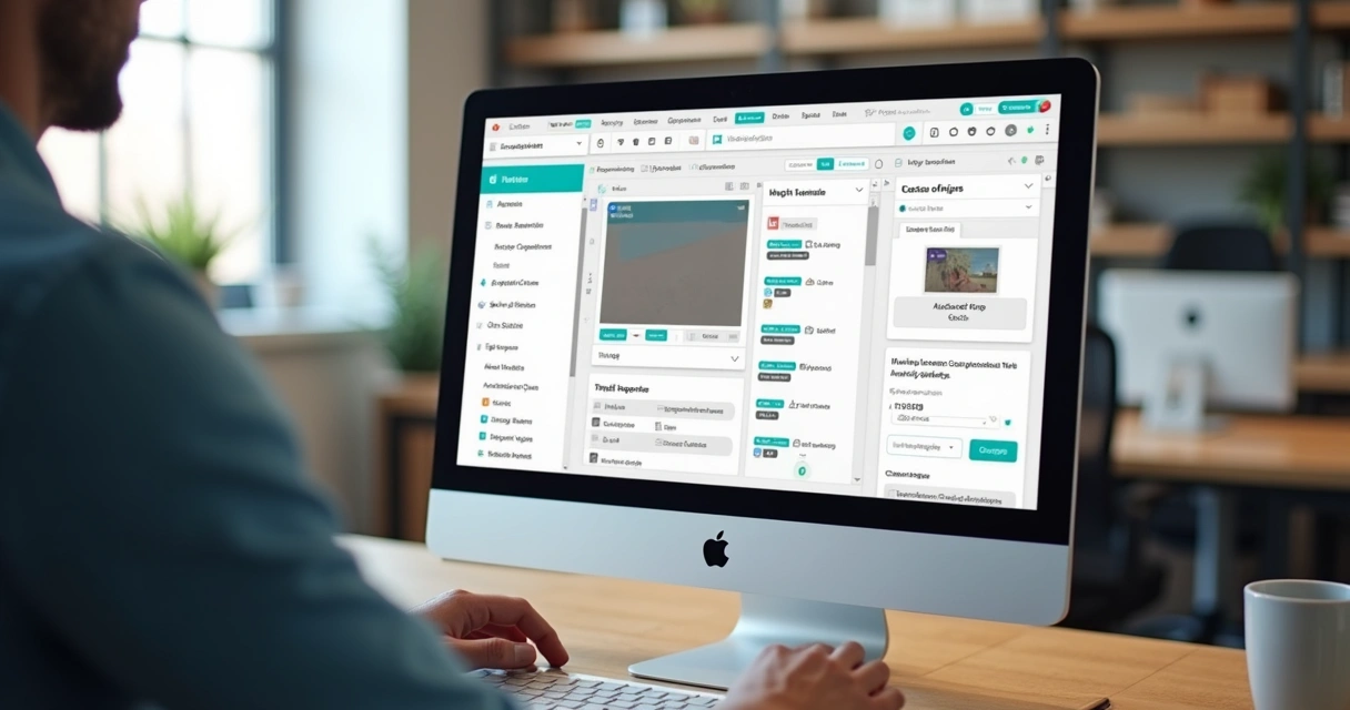 Página inicial mostrando editor visual de landing page em ação com opções arrastar e soltar ao lado. 