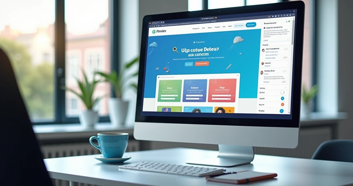 Editor visual de site com blocos e painel de SEO