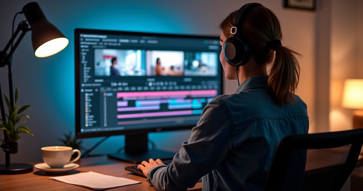 Mulher editando vídeos com notebook e fone de ouvido