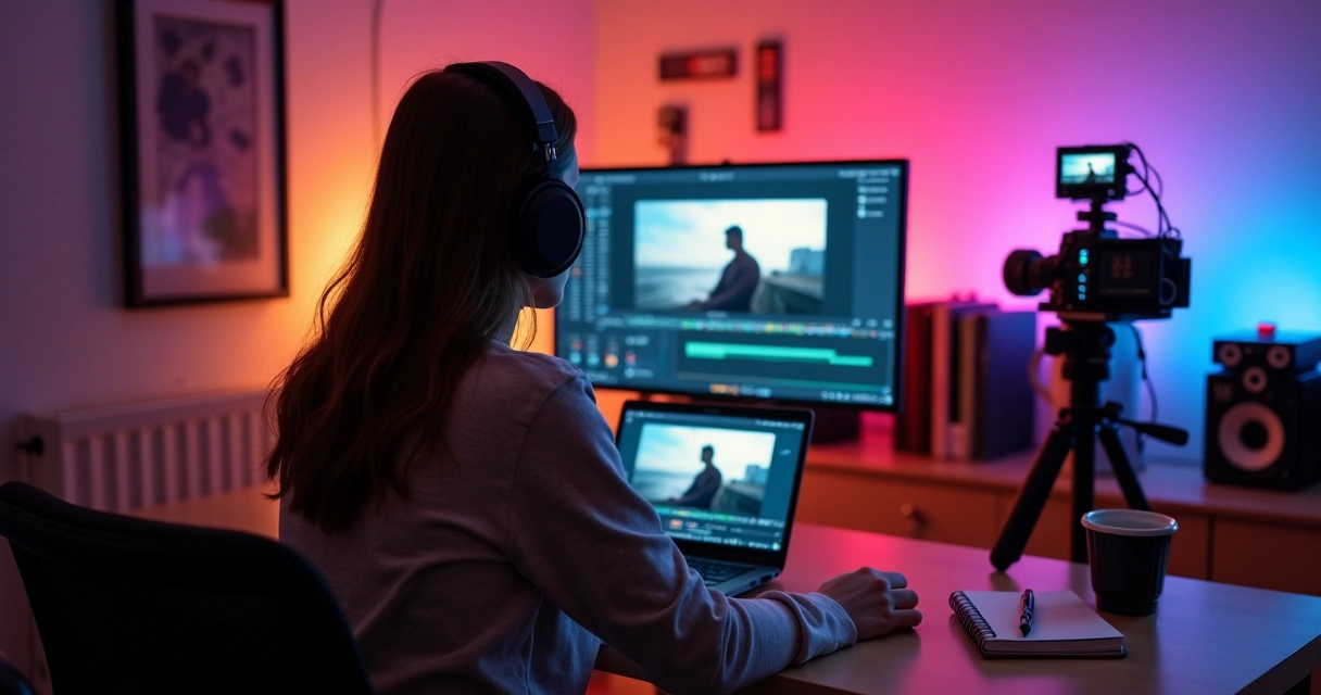 Mulher editando vídeo no notebook com fones 