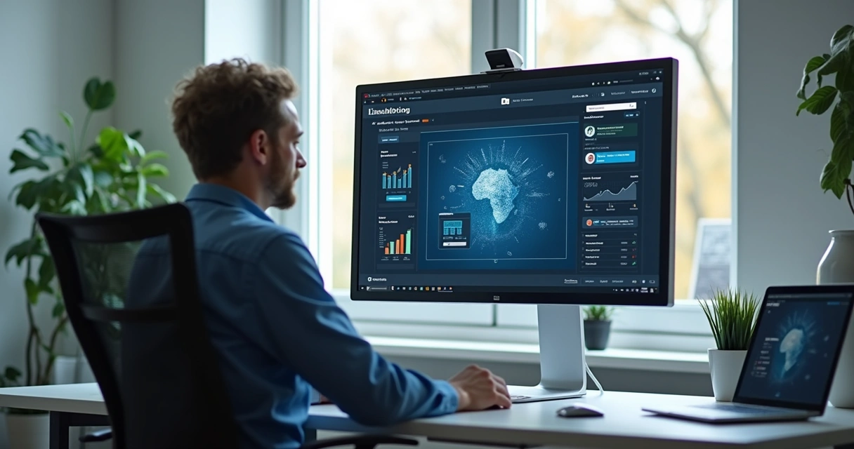 Tela de computador com IA escrevendo texto para LinkedIn, interface moderna e elementos de analytics ao fundo 