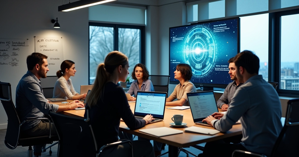 Reunião de editores debatendo títulos na era da inteligência artificial, com telas exibindo sugestões de IA 