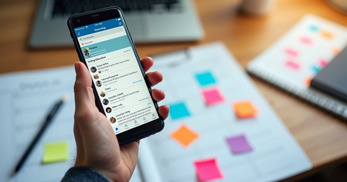 Mesa com planner, post-its coloridos, celular mostrando LinkedIn, indicador de formatos de imagem e vídeo desenhados à mão 