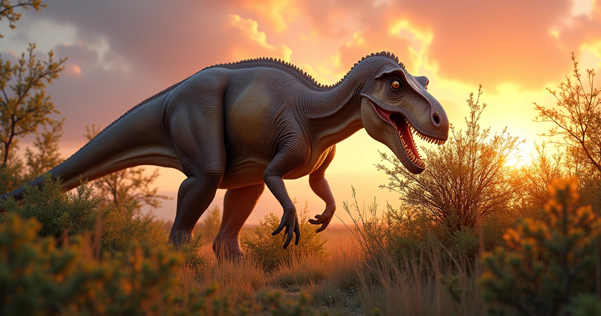 Edmontonia herbívoro se alimentando de vegetação rasteira em um ambiente pré-histórico ao amanhecer.