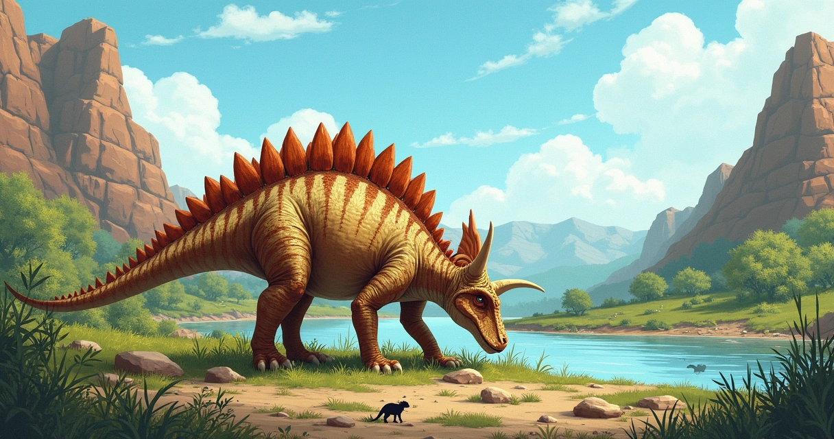 Dinossauro Edmontonia em um ambiente pré-histórico com vegetação e pedras, espinhos e placas ósseas visíveis.