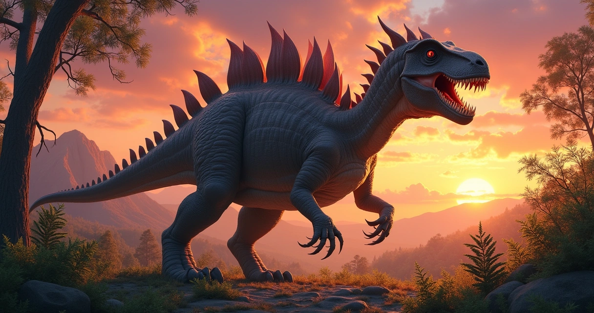 Dinossauro Edmontonia em um cenário pré-histórico com vegetação e céu ao pôr do sol.