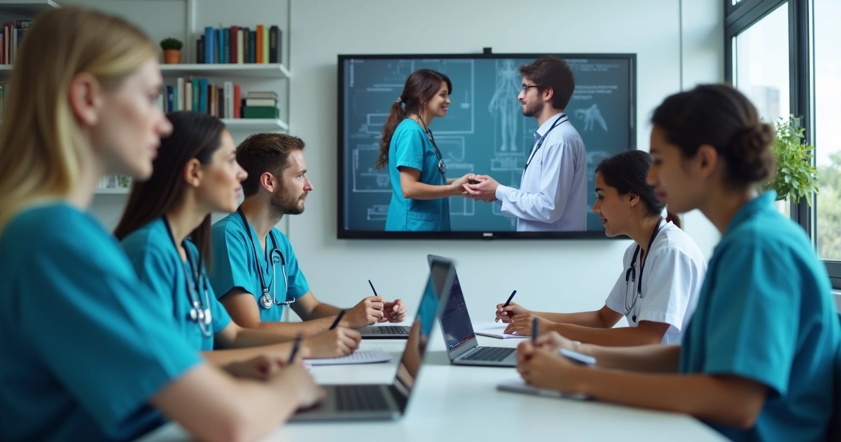 Profissionais de saúde assistindo aula online em notebook 