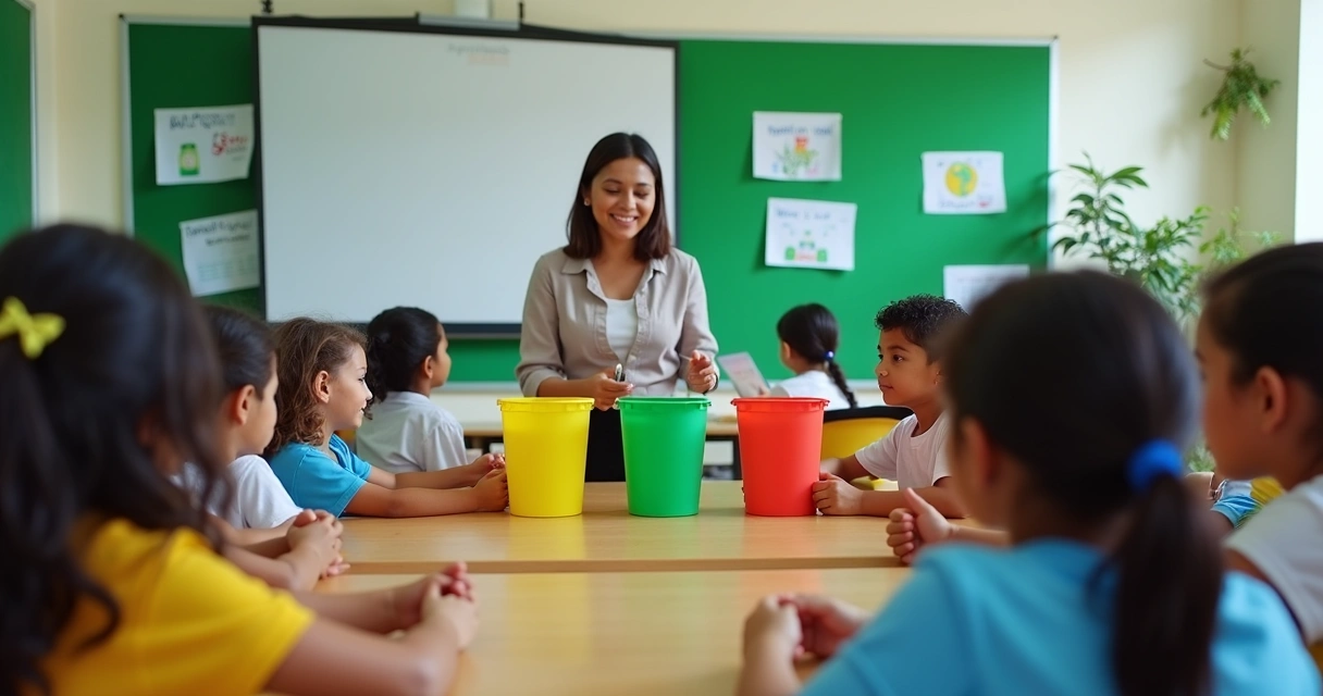 Crianças em uma escola participando de atividades de educação ambiental 