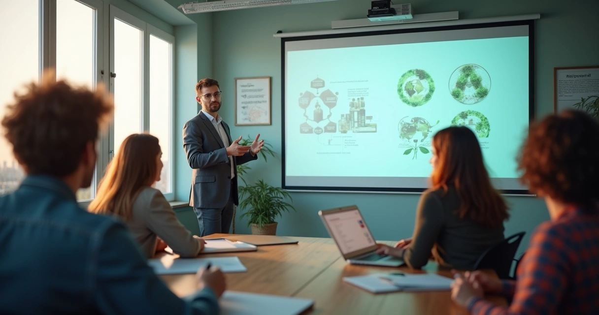 Pessoa dando palestra sobre educação ambiental em empresa 
