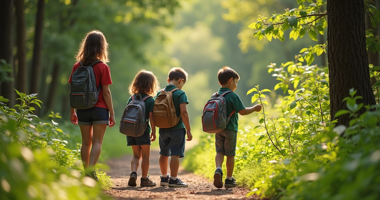 Grupo de crianças e educador em trilha de parque aprendendo sobre plantas 