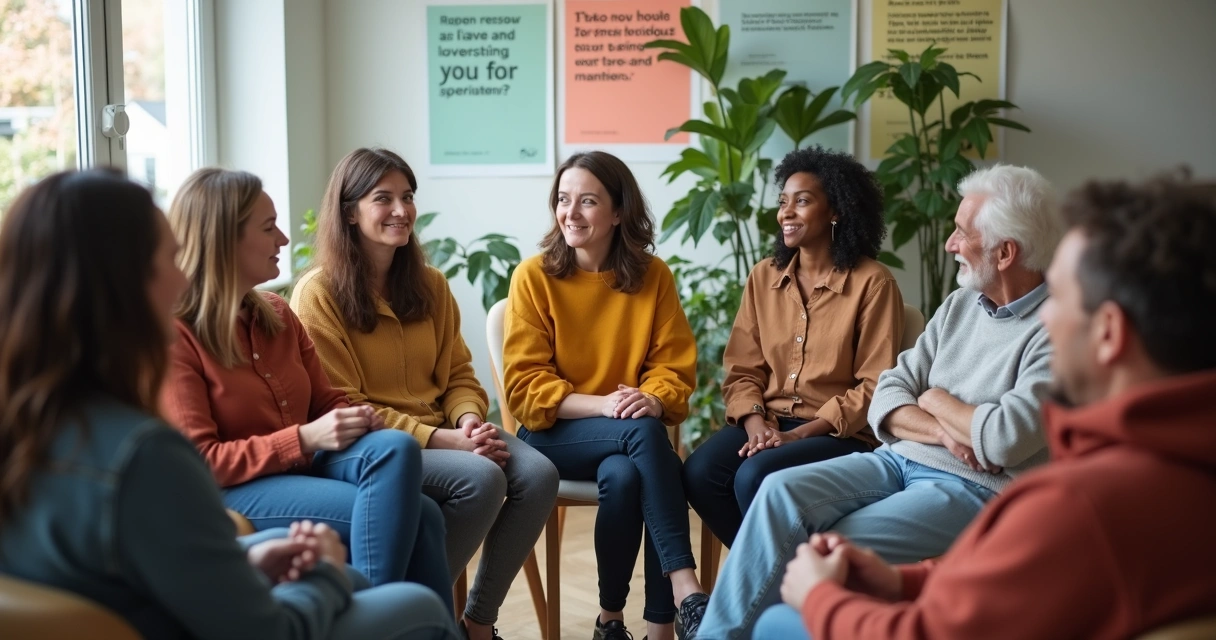 Grupo de pessoas sentadas em círculo conversando e sorrindo 