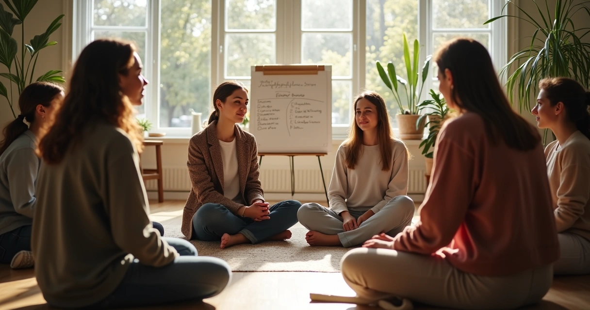 Pessoas sentadas em círculo conversando sobre consciência em grupo 