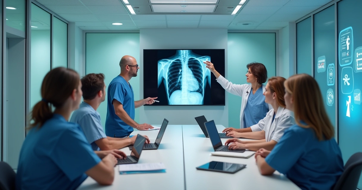 Profissionais de radiologia em treinamento contínuo analisando exame de imagem em sala moderna 