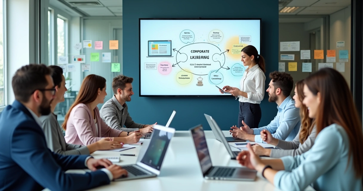 Equipe em treinamento corporativo com instrutor em sala moderna e tela digital 