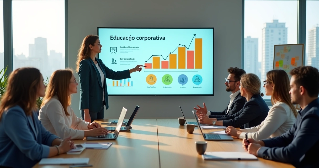 Equipe corporativa em treinamento com apresentação em tela grande 
