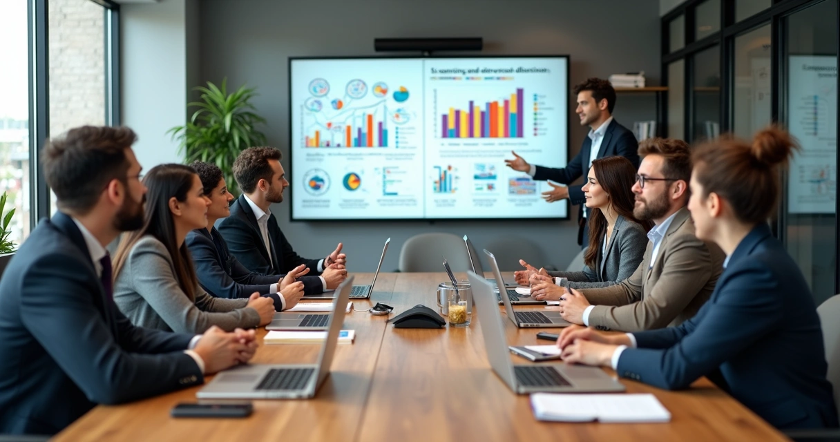 Equipe corporativa em treinamento com instrutor em sala moderna 