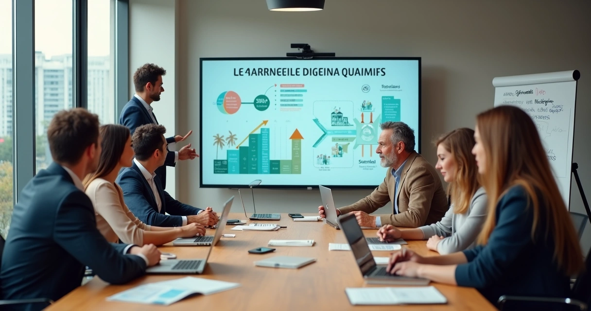 Equipe de pequena empresa em treinamento corporativo colaborativo em sala moderna 