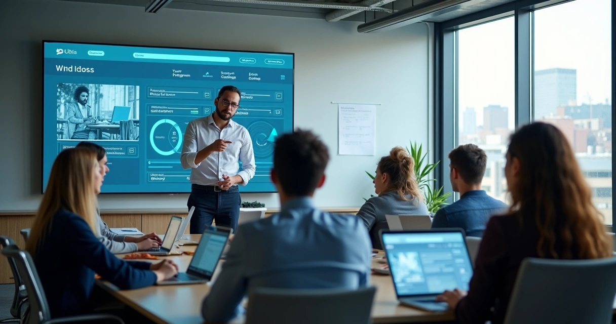 Plataforma de educação digital sendo usada em treinamento corporativo 