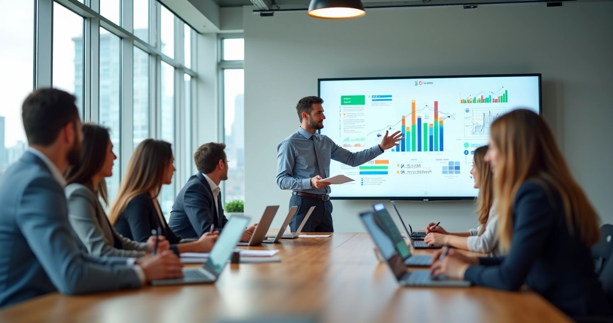 Equipe corporativa em treinamento presencial com tela exibindo gráficos 