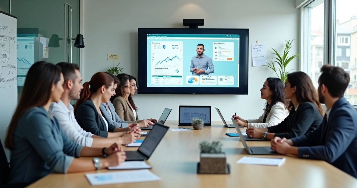 Equipe corporativa assiste treinamento online em sala moderna 