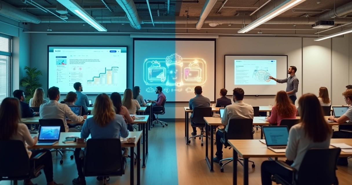 Comparação visual entre educação corporativa contínua e treinamento tradicional em sala de aula 