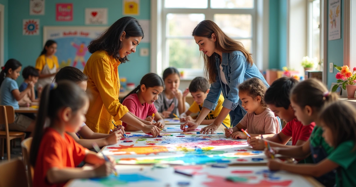Alunos de várias idades envolvidos em atividades de arte-educação na sala de aula, criando juntos em painéis coloridos 