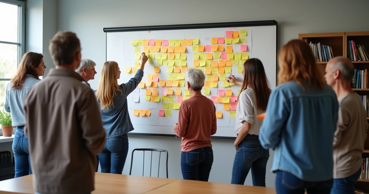Grupo debatendo temas sociais em uma sala, colocando post-its coloridos em um painel 