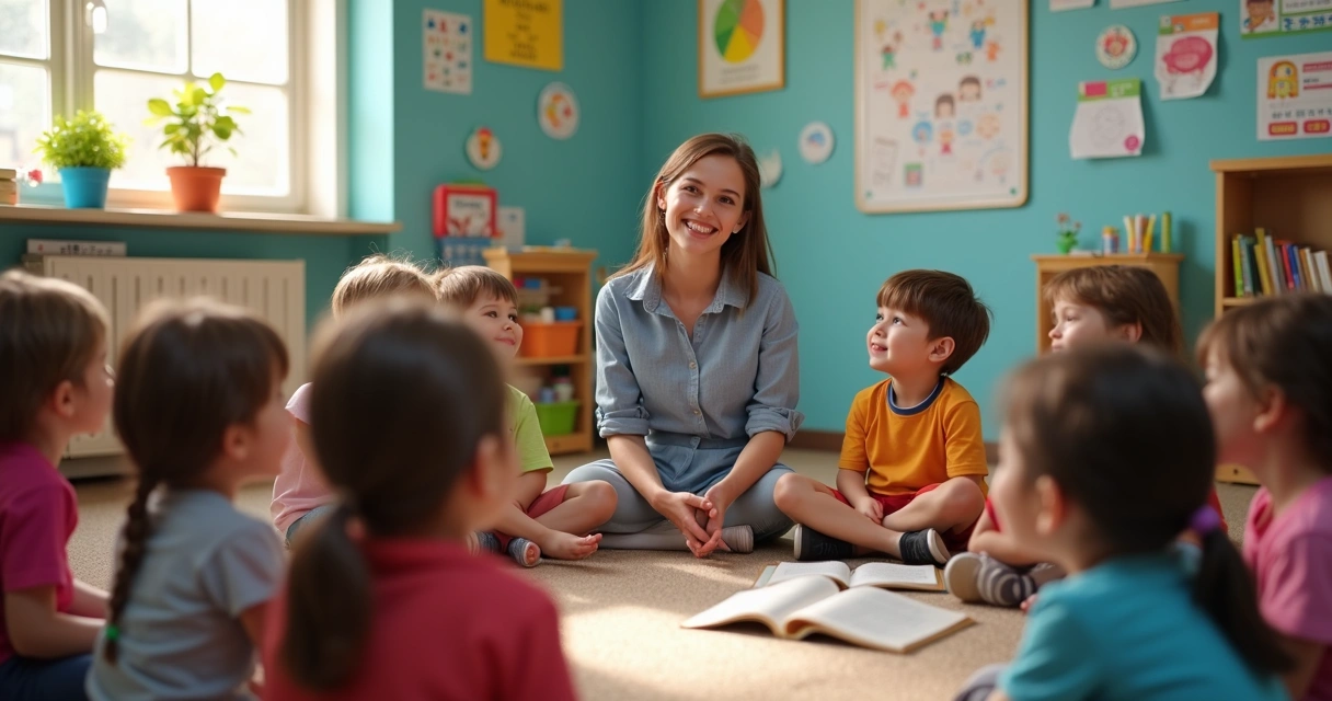 Crianças sentadas em círculo em sala de aula, participando de uma atividade de diálogo mediada por uma professora. 