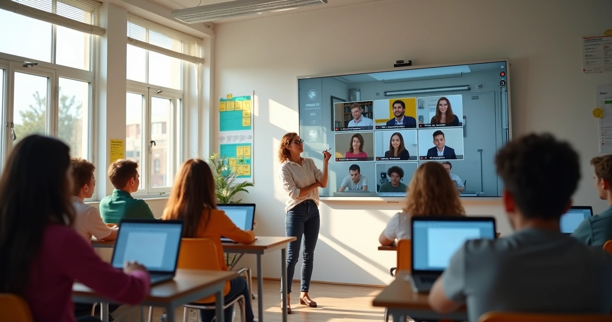 Sala de aula híbrida com alunos presenciais e online em telão