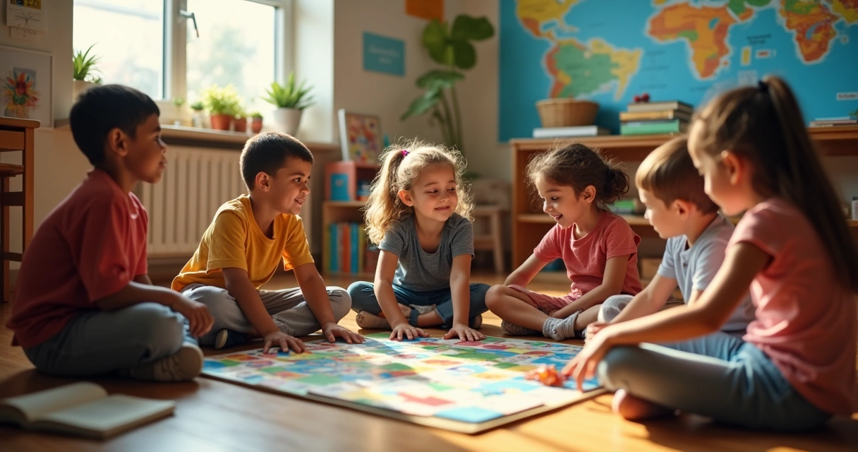 Grupo de crianças de várias idades interagindo em círculo em uma sala de aula, com livros e jogos educativos espalhados pelo chão 