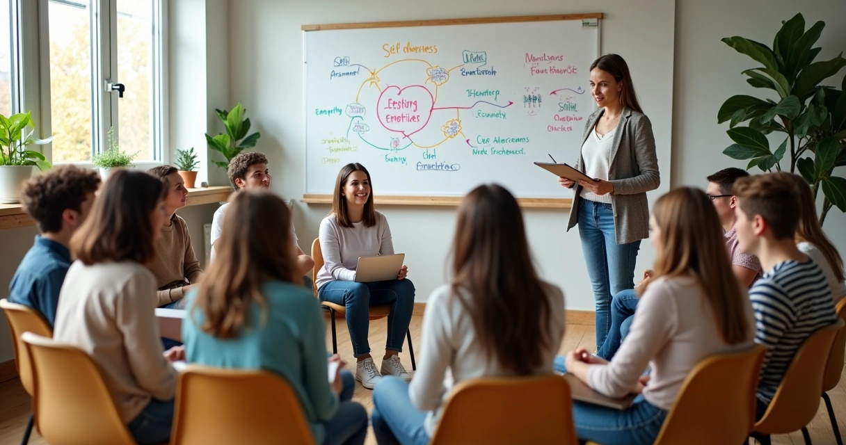 Adolescentes em círculo com professora guiando atividade de educação emocional em sala de aula moderna 