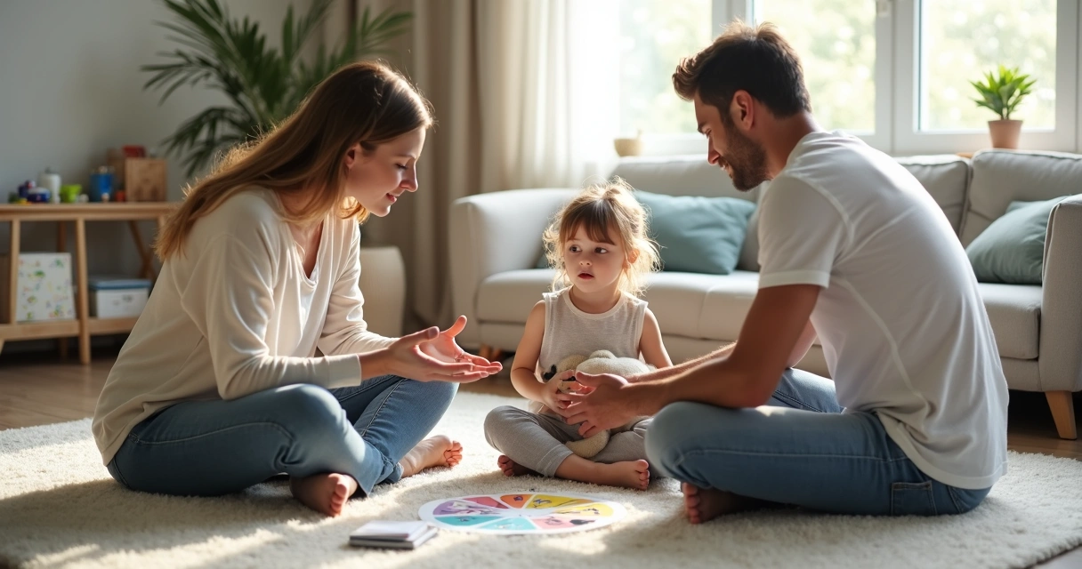 Pais conversando com filha pequena sobre emoções sentados no tapete da sala 