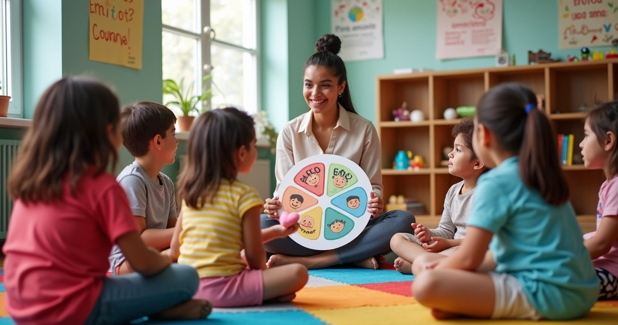Professor guiando crianças em roda sobre emoções na sala de aula 